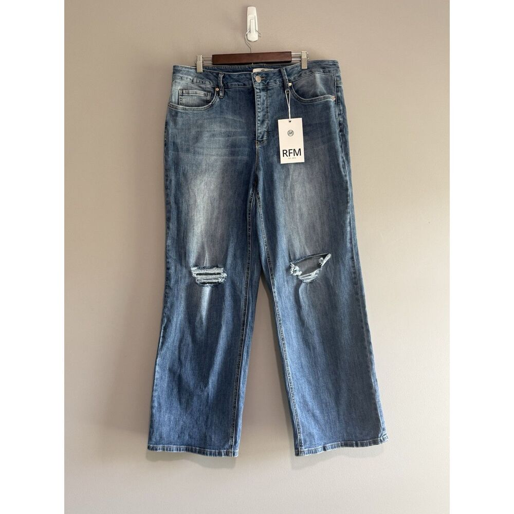 RFM Los Angeles Wide Leg Jeans Chloe Distressed Stretch Blue Denim Hi Rise 18